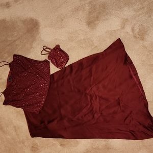 3 piece Ann Taylor burgundy silk skirt size 8, sequin top size 10 & handbag